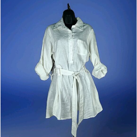 La Blanca Other - La Blanca Cover Up Shirt Dress Womens Medium White Linen Roll Tab Sleeve Belted